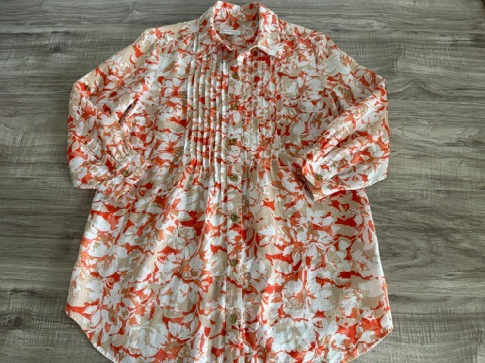 Charter Club Women's 100% Linen Floral 3/4 Sleeve4 Button Up Top-Size Small